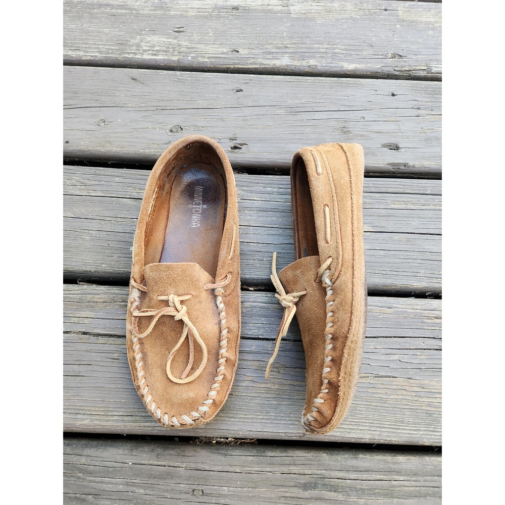 Minnetonka Moccasin Tan Suede Soft Sole Whipstitch Slip On Shoes 9.5